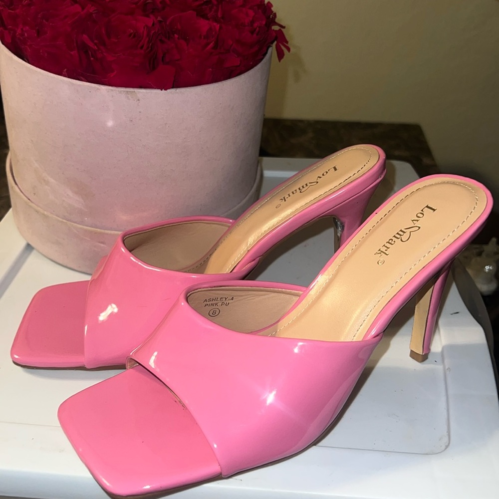 Pink square toe heels